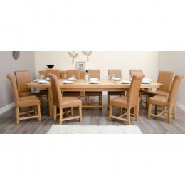 Bordeaux Solid Oak Large Dining Table and 12 Tan Chairs